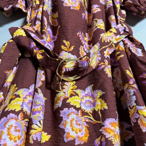 MINKPINK Giselle Belted Floral Mini Dress Women's Large Brown Puff Sleeve NWT - Picture 9 of 16